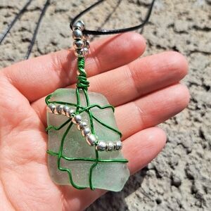 Green & Silver Beads Sea Glass Necklace (Handmade Jewelry)